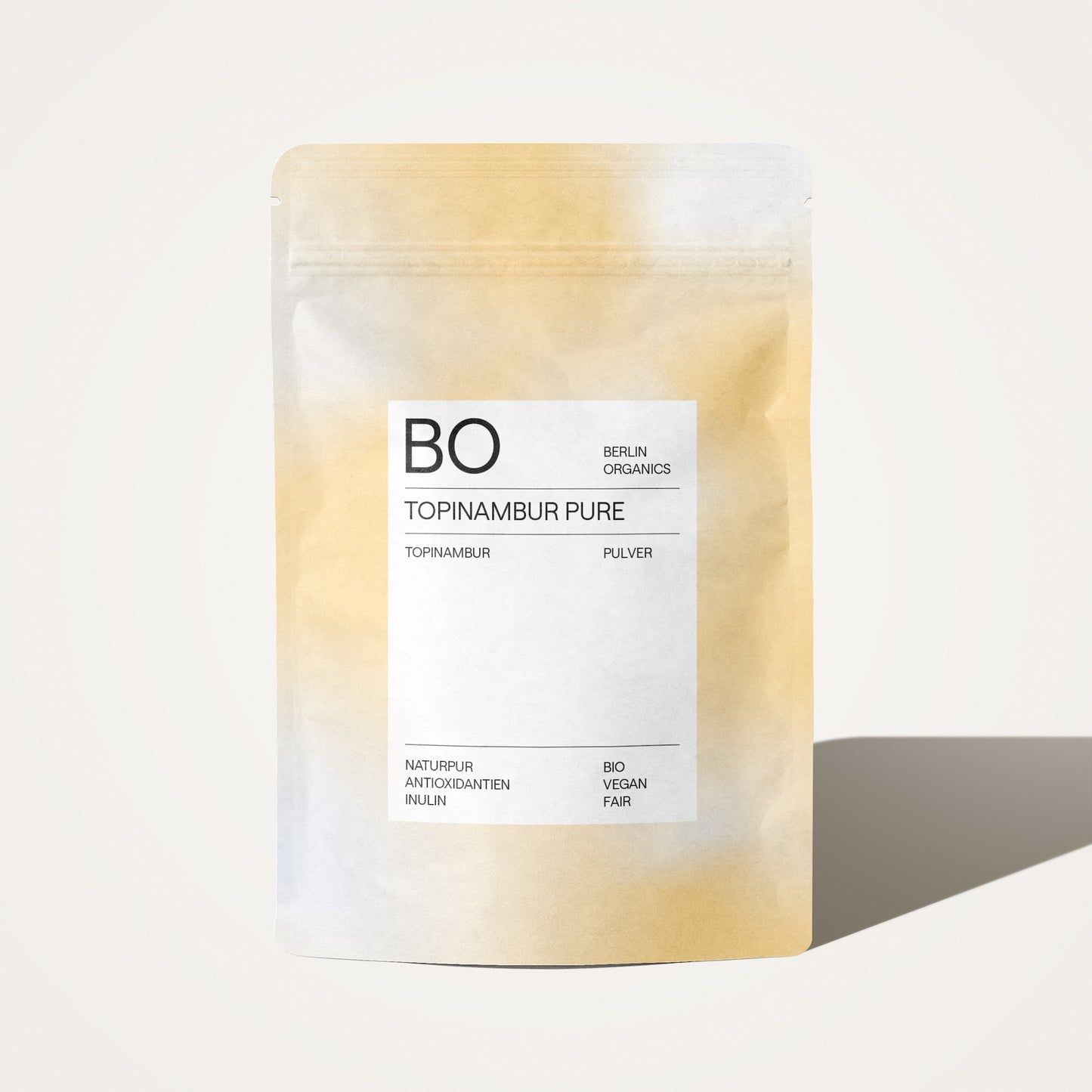 Berlin Organics „Topinambur Pure“ Superfood-Packung, Vorderseite mit Zutaten.